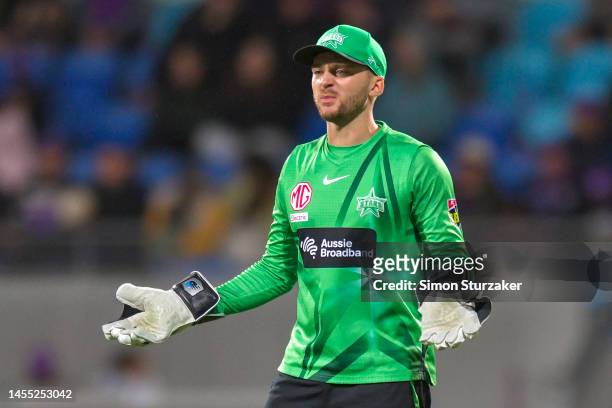 Stars wicketkeeper Joe Clarke reacts during the Men's Big Bash League match between the Hobart Hurricanes and the Melbourne Stars at Blundstone...