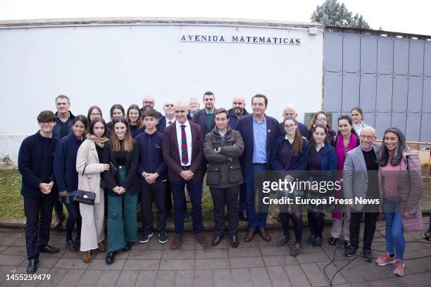 The Mayor of Seville, Antonio Muñoz, presides over the family photo after the act of labeling the Avenida Matematicas, on January 9, 2023 in Seville...