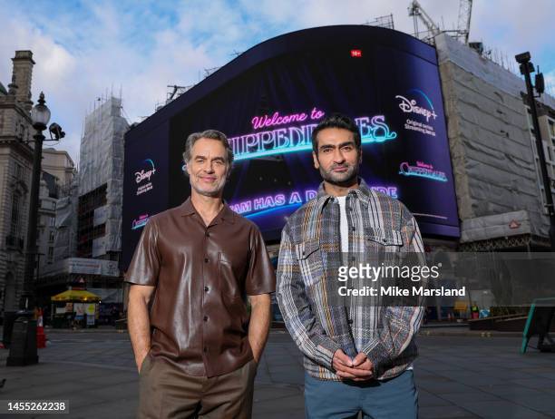 Kumail Nanjiani and Murray Bartlett launch the Disney+ original limited series 'Welcome to Chippendales' in Piccadilly Circus on January 09, 2023 in...