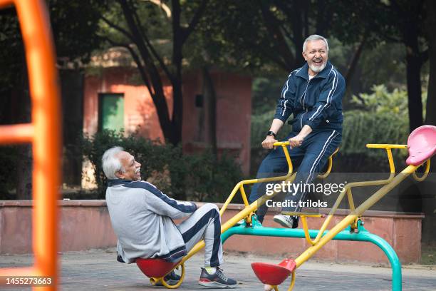 senior men having fun on seesaw at park - gungbräda bildbanksfoton och bilder