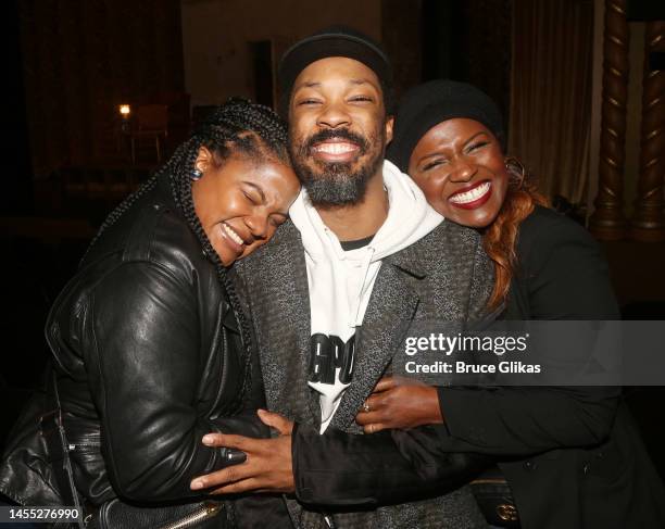 Zoey Jackson, Corey Hawkins and Deborah Joy Winans pose backstage at the hit play "Topdog/Underdog" on Broadway at The Golden Theater on January 8,...