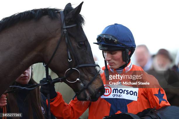Harry Cobden after riding Rare Middleton to victory in the Invest Southwest Maiden Hurdle Race at Taunton Racecourse on January 09, 2023 in Taunton,...