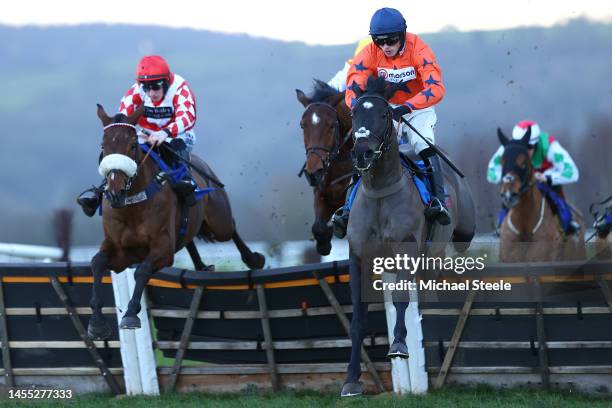 Harry Cobden clears the last riding Rare Middleton to victory in the Invest Southwest Maiden Hurdle Race at Taunton Racecourse on January 09, 2023 in...