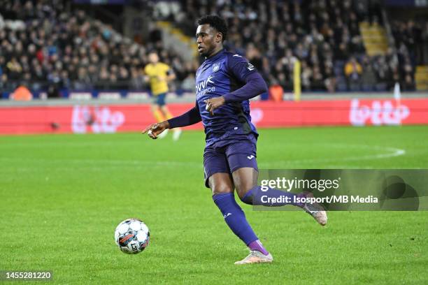 Amadou Diawara of Anderlecht in action with the ball during the Jupiler Pro League season 2022 - 2023 match day 19 between RSC Anderlecht and Royale...