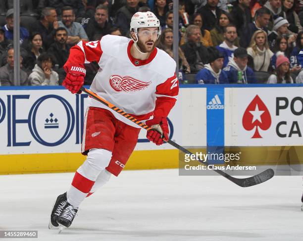 Michael Rasmussen of the Detroit Red Wings skates against the Toronto Maple Leafs during an NHL game at Scotiabank Arena on January 7, 2023 in...