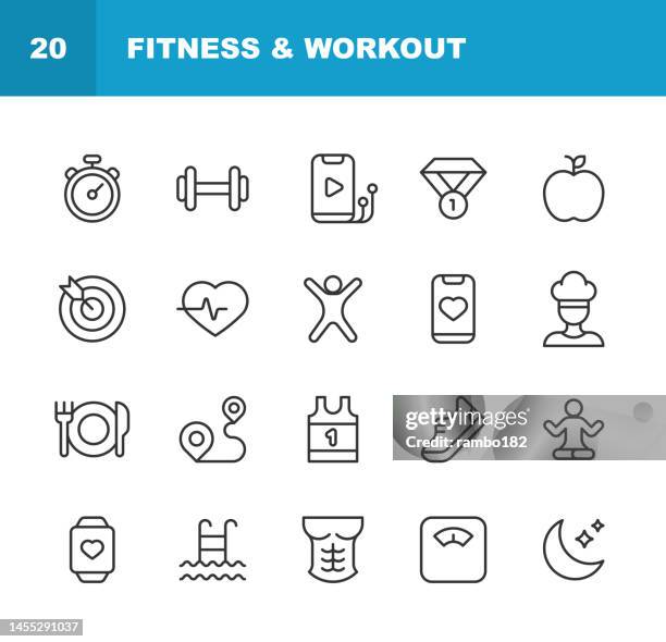 stockillustraties, clipart, cartoons en iconen met fitness & workout line icons. editable stroke. pixel perfect. for mobile and web. contains such icons as abs, body, cooking, diet, exercising, gym, healthy lifestyle, meditation, running, sport, sportswear, swimming, trophy, wellness, workout, yoga - aqua aerobics