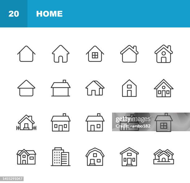 ilustraciones, imágenes clip art, dibujos animados e iconos de stock de iconos de línea de construcción y casa. trazo editable. pixel perfecto. para móviles y web. contiene iconos tales como apartamento, arquitectura, edificio, ciudad, construcción, familia, hotel, casa, cabaña, hipoteca, barrio, oficina, bienes raíces, - problemas de vivienda