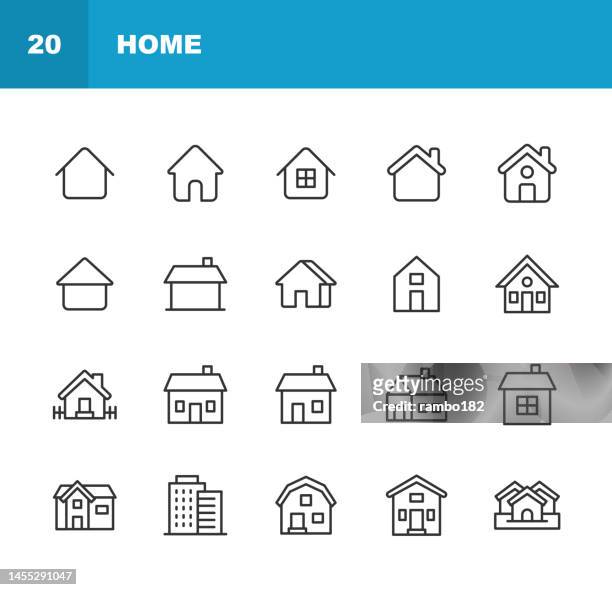 home and building line icons. editable stroke. pixel perfect. for mobile and web. contains such icons as apartment, architecture, building, city, construction, family, hotel, house, hut, mortgage, neighborhood, office, real estate, skyscraper, warehouse. - roof stock illustrations