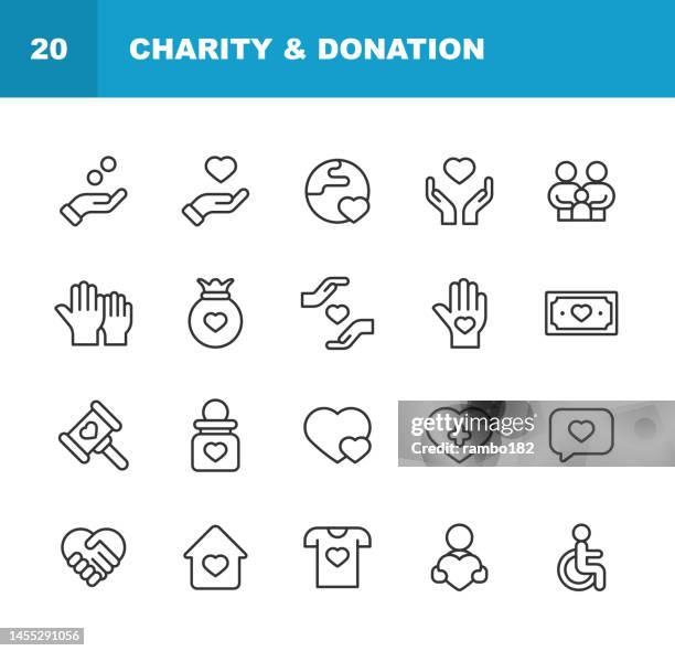 charity und spenden linie icons. bearbeitbarer strich. pixel perfekt. für mobile und web. enthält symboleweise klima, kleidung, gemeinde, behinderung, ökologie, bildung, wahlen, umwelt, familie, lebensmittel, geld geben, gesundheitswesen, helfende hand, - spenden stock-grafiken, -clipart, -cartoons und -symbole