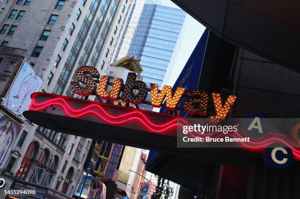 View of the New York City subway entrance in Times Square on January 01, 2023 in New York, New York.