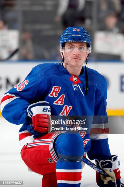 Jimmy Vesey of the New York Rangers skates during warmups prior to the game against the Carolina Hurricanes at Madison Square Garden on January 3,...