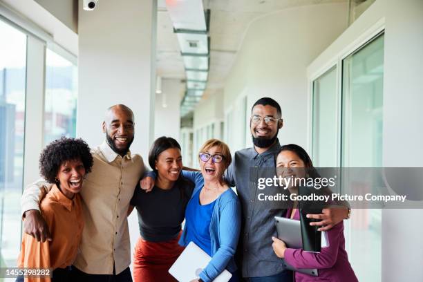 laughing businesspeople standing arm in arm in an office hallway - jobbarkompis bildbanksfoton och bilder