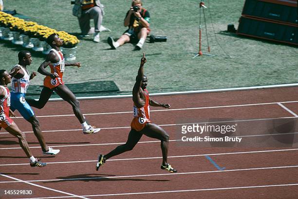Canadian sprinter Ben Johnson wins the 100 metres final at the Seoul Olympics, 24th September 1988. However he was later disqualified when traces of...