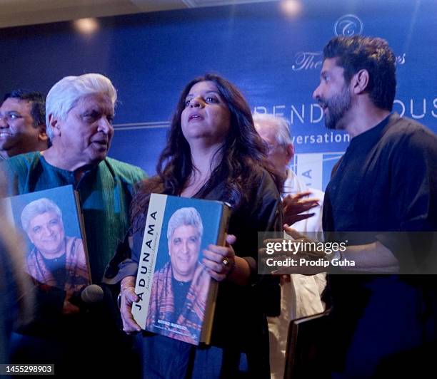 Akhtar and Farhan Akhtar attend Javed Akhtar's book launch 'JADUNAMA' on January 09, 2023 in Mumbai, India