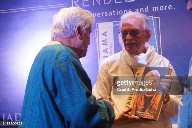 Gulzar Sahab attends Javed Akhtar's book launch 'JADUNAMA' on January 09, 2023 in Mumbai, India