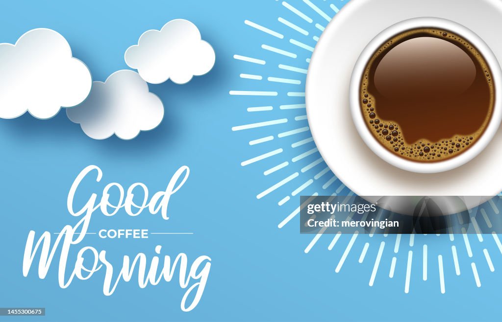 Tasse Kaffee umgeben von Sonnenstrahlen. Vektorillustration für Frühstücks- und Morgenwerbung und Motive