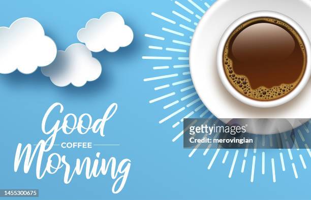stockillustraties, clipart, cartoons en iconen met cup of coffee surrounded by sun rays. vector illustration for breakfast and morning ads and subjects - ochtend