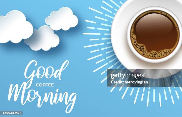 ilustrações de stock, clip art, desenhos animados e ícones de cup of coffee surrounded by sun rays. vector illustration for breakfast and morning ads and subjects - manhã