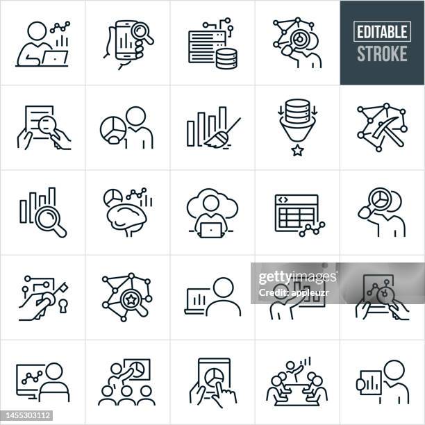 ilustraciones, imágenes clip art, dibujos animados e iconos de stock de iconos de línea de análisis de datos - trazo editable - los iconos incluyen análisis de datos, big data, analista de datos, filtrado, base de datos, presentación, cuadros, gráficos, conjunto de datos, computadora - calcular