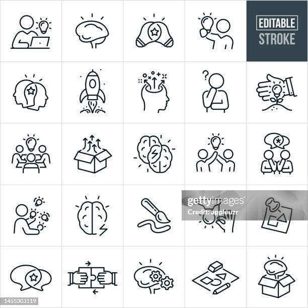 kreativität dünne linie symbole - editierbarer strich - icons umfassen innovation, kreatives denken, lösungen, originalität, menschliches gehirn, glühbirne, kreativer prozess, brainstorming, vorstellungskraft, erfindungsreichtum, originalität - idee stock-grafiken, -clipart, -cartoons und -symbole