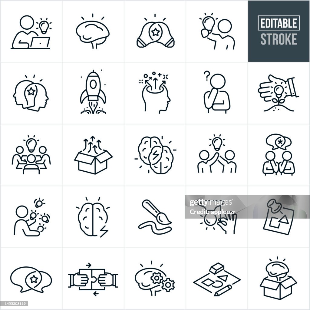 Creatividad Iconos de línea fina - Trazo editable - Los iconos incluyen innovación, pensamiento creativo, soluciones, originalidad, cerebro humano, bombilla, proceso creativo, lluvia de ideas, imaginación, inventiva, originalidad