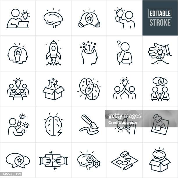 illustrazioni stock, clip art, cartoni animati e icone di tendenza di creatività thin line icons - tratto modificabile - le icone includono innovazione, pensiero creativo, soluzioni, originalità, cervello umano, lampadina, processo creativo, brainstorming, immaginazione, inventiva, originalità - chiedere