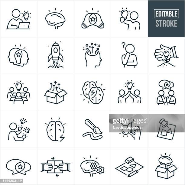 creativity thin line icons - editable stroke - icons include innovation, creative thought, solutions, originality, human brain, light bulb, creative process, brainstorming, imagination, inventiveness, originality - 創造 幅插畫檔、美工圖案、卡通及圖標