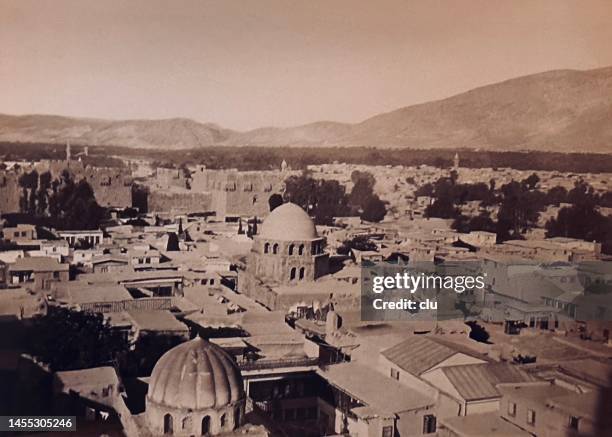 damascus, panorama with the citadel and saladin's tomb in the foreground, 1875 - old damascus stock illustrations