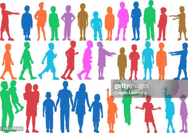 sehr detaillierte kinder- und familiensilhouetten - silhouette mädchen rennen stock-grafiken, -clipart, -cartoons und -symbole