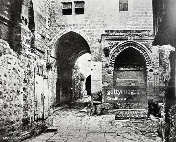 jerusalem, public fountain on the corner, 1864 - building corner stock illustrations