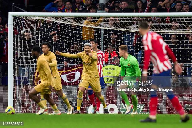Ronald Araujo of FC Barcelona reacts after saving a goal on the goal line during the LaLiga Santander match between Atletico de Madrid and FC...