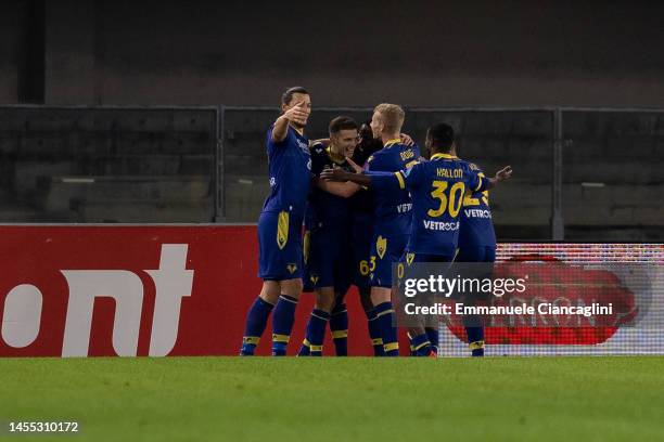 Darko Lazovic of Hellas Verona FC celebrates after scoring his team's first goal during the Serie A match between Hellas Verona and US Cremonese at...