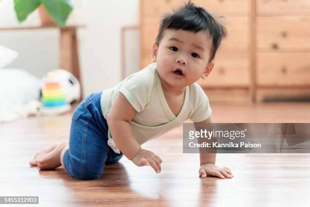 床を這い回り、笑顔でカメラを見ている愛らしいアジアの男の子。 - 這う ストックフォトと画像
