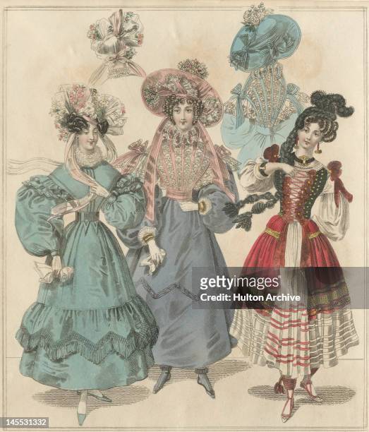 Ladies' morning dress fashions for November 1829, along with a national costume of unspecified origin. Engraving by W. Alais.
