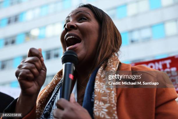 Attorney General Letitia James speaks during a press conference as nurses from Mount Sinai Hospital strike outside the hospital on January 09, 2023...