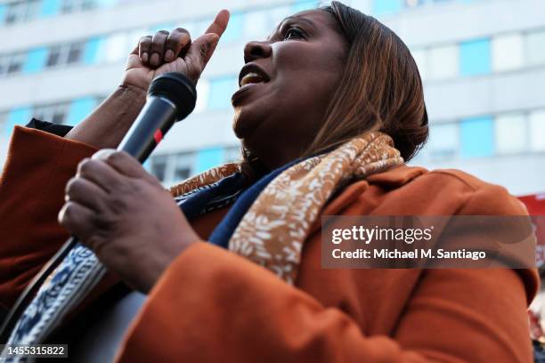 Attorney General Letitia James speaks during a press conference as nurses from Mount Sinai Hospital strike outside the hospital on January 09, 2023...