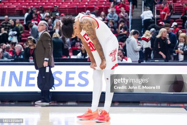 Guard Jaylon Tyson of the Texas Tech Red Raiders leans over after the college basketball game against the Oklahoma Sooners at United Supermarkets...