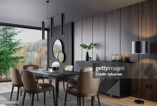 luxury dark dining room interior with table and six chairs - black interior stockfoto's en -beelden