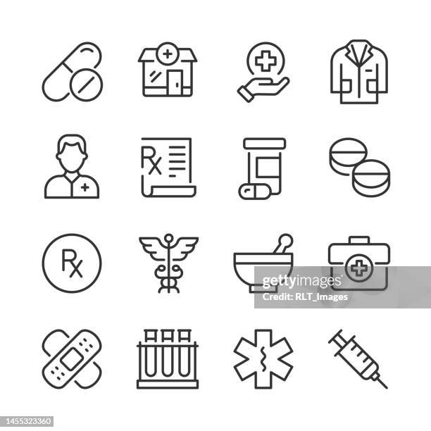 ilustraciones, imágenes clip art, dibujos animados e iconos de stock de iconos de farmacia — serie monoline - medical supplies stock illustrations