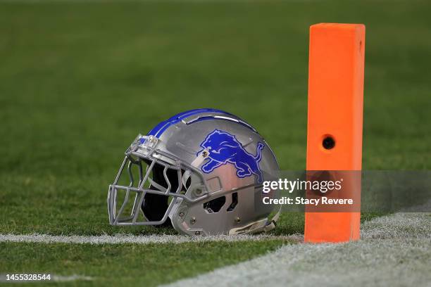 Detailed view of a Detroit Lions helmet prior to a game between the Green Bay Packers and the Detroit Lions at Lambeau Field on January 08, 2023 in...