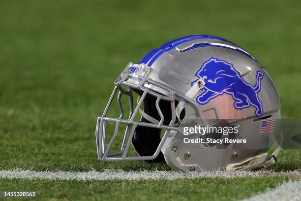 Detailed view of a Detroit Lions helmet prior to a game between the Green Bay Packers and the Detroit Lions at Lambeau Field on January 08, 2023 in...