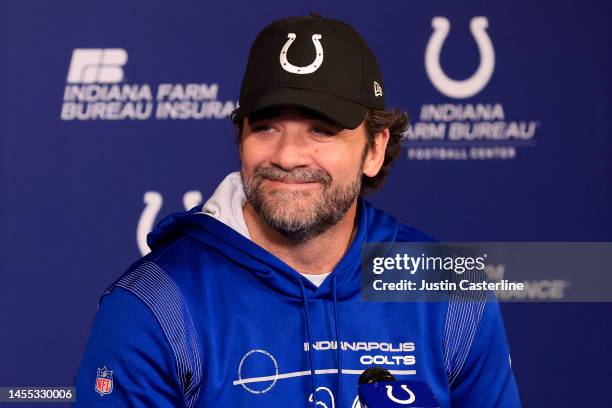 Interim head coach Jeff Saturday of the Indianapolis Colts speaks to media at a press conference at the Indiana Farm Bureau Football Center on...