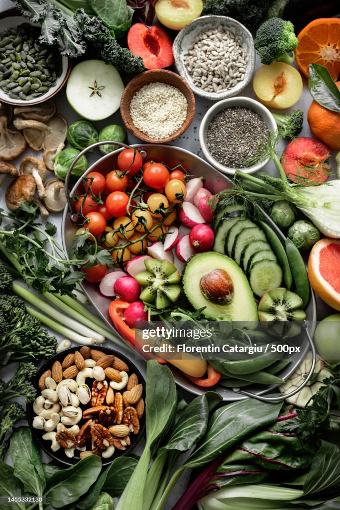 Fresh vegetables with mixed nuts flat lay healthy lifestyle,Romania