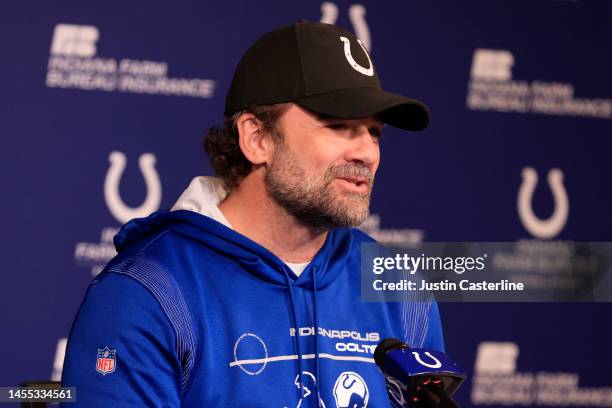 Interim head coach Jeff Saturday of the Indianapolis Colts speaks to media at a press conference at the Indiana Farm Bureau Football Center on...