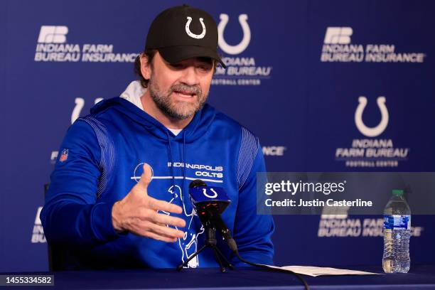 Interim head coach Jeff Saturday of the Indianapolis Colts speaks to media at a press conference at the Indiana Farm Bureau Football Center on...