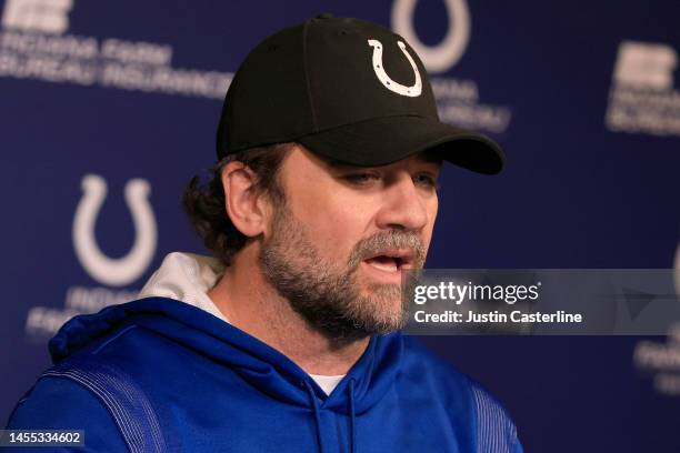 Interim head coach Jeff Saturday of the Indianapolis Colts speaks to media at a press conference at the Indiana Farm Bureau Football Center on...