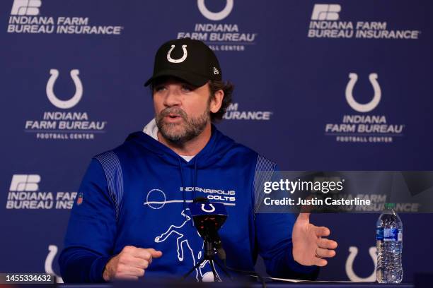 Interim head coach Jeff Saturday of the Indianapolis Colts speaks to media at a press conference at the Indiana Farm Bureau Football Center on...