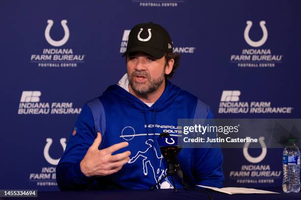 Interim head coach Jeff Saturday of the Indianapolis Colts speaks to media at a press conference at the Indiana Farm Bureau Football Center on...