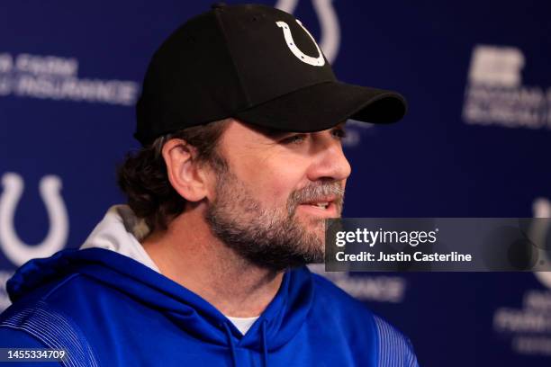 Interim head coach Jeff Saturday of the Indianapolis Colts speaks to media at a press conference at the Indiana Farm Bureau Football Center on...