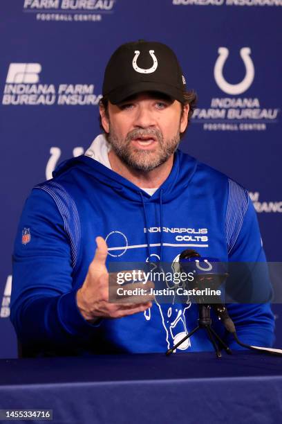 Interim head coach Jeff Saturday of the Indianapolis Colts speaks to media at a press conference at the Indiana Farm Bureau Football Center on...